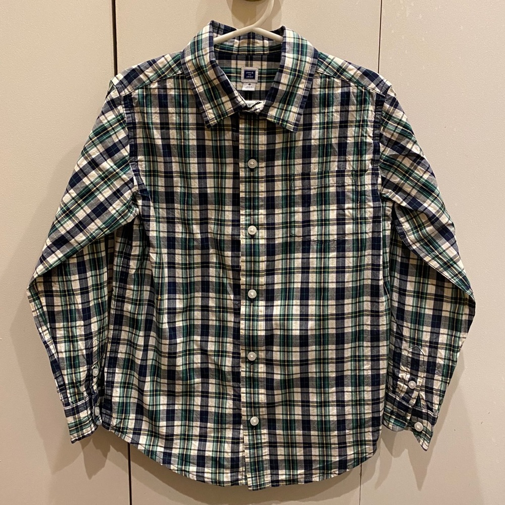 Blue and green boys button down shirt